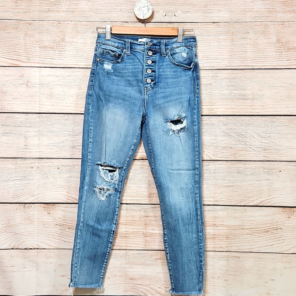 Eunina Bella Super High Rise Skinny Crop Distressed Blue Jeans 5